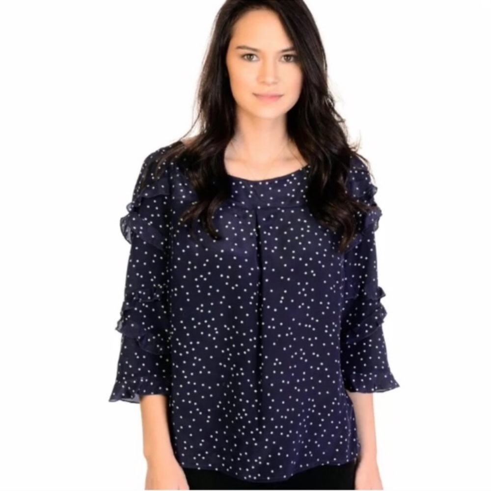 ANTHROPOLOGIE/ MAEVE Blue Polka Dot Ruffle Sleeve Silk Top - Sz 2